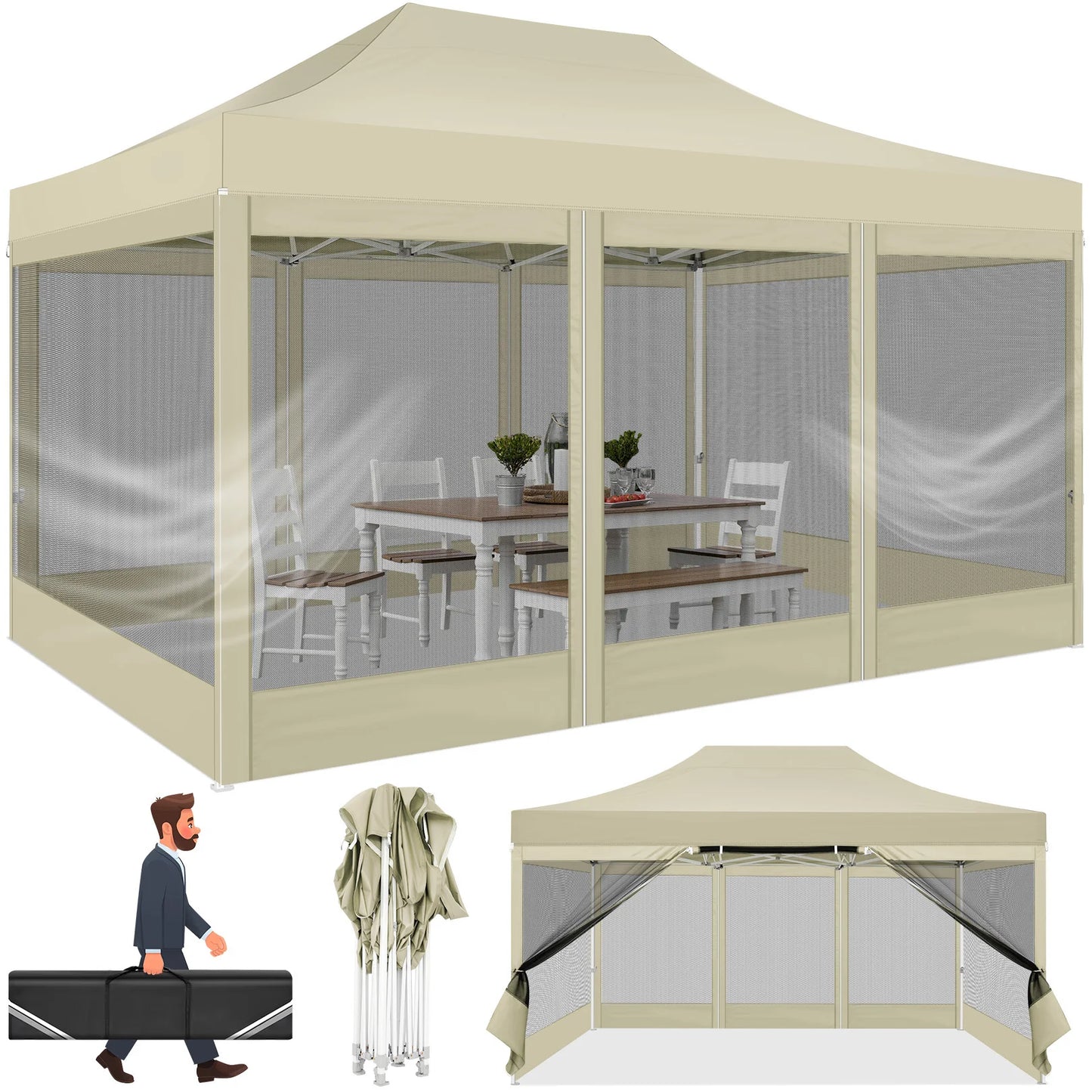 HOTEEL Pop Up Canopy Gazebo With Four Sidewalls Mosquito Netting
