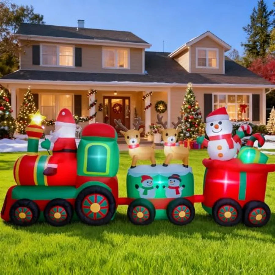 OLOEY Outdoor Christmas Inflatable Train With Santa Reindeer And Snowman
