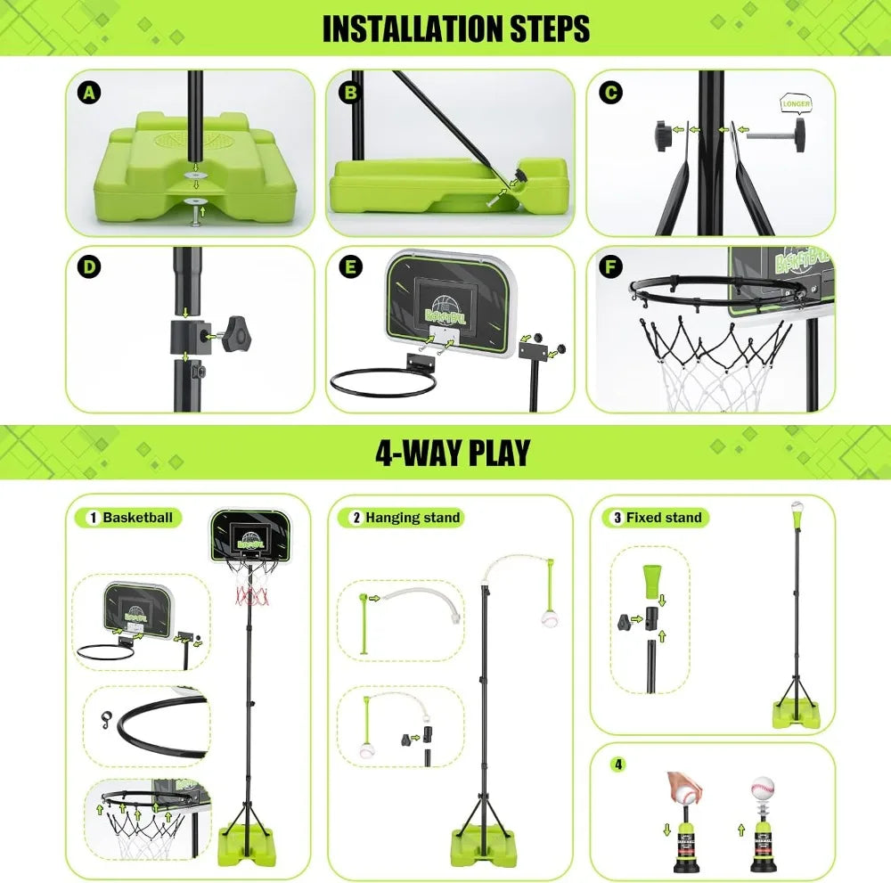 4 In 1 Kids Basketball Hoop T Ball Set With LED Scoreboard For 3 To 12 Year Olds