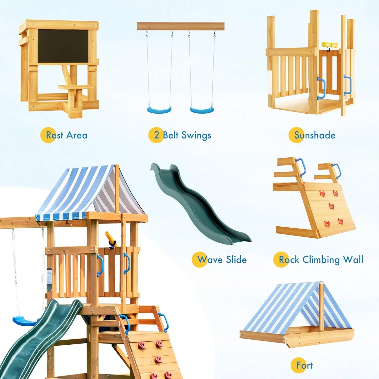 Rolife Robud Wooden Swing Set With Dual Swings And Fort