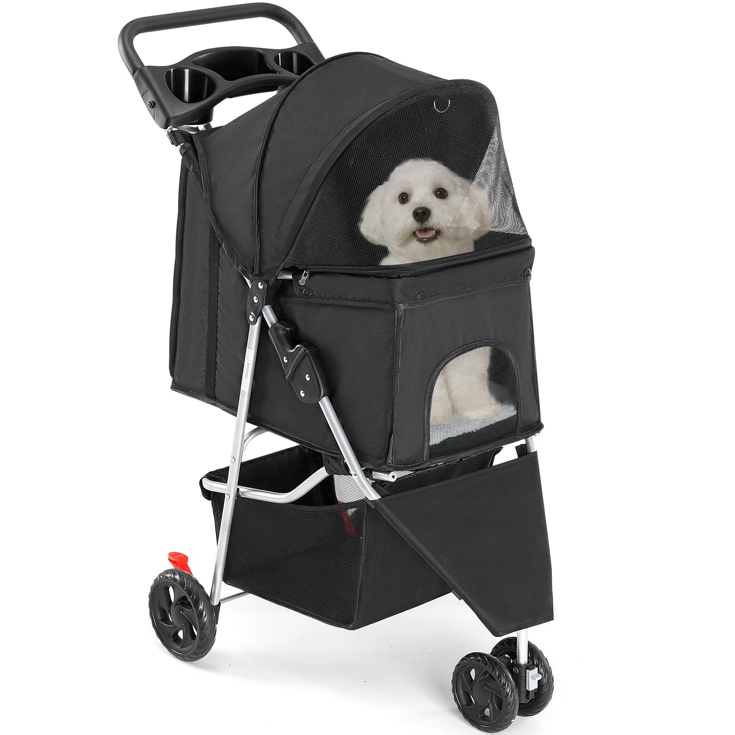 Foldable Three Wheel Pet Stroller For Small Dogs And Cats With Mesh Windows
