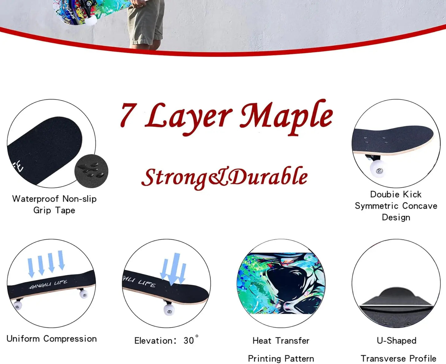Beginner Skateboard For All Ages With Double Kick Concave
