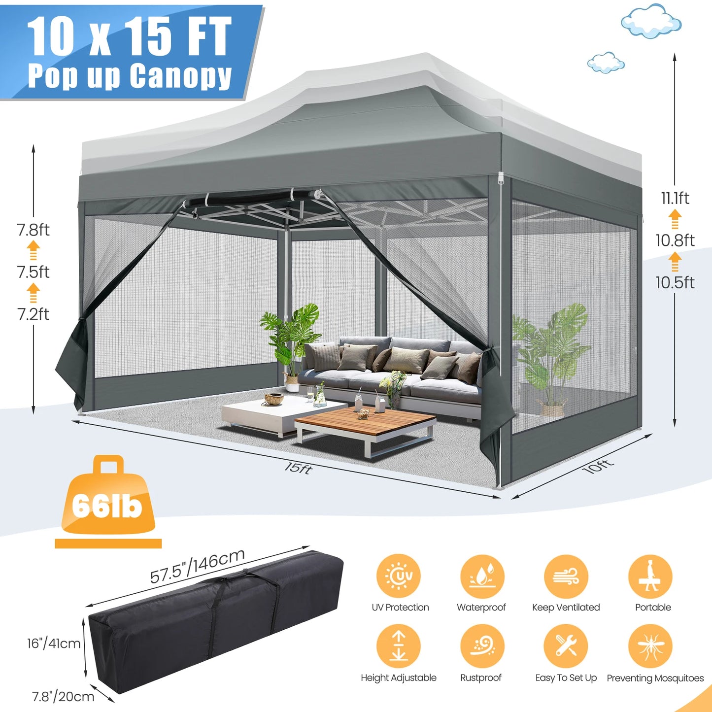 HOTEEL Pop Up Canopy Gazebo With Four Sidewalls Mosquito Netting