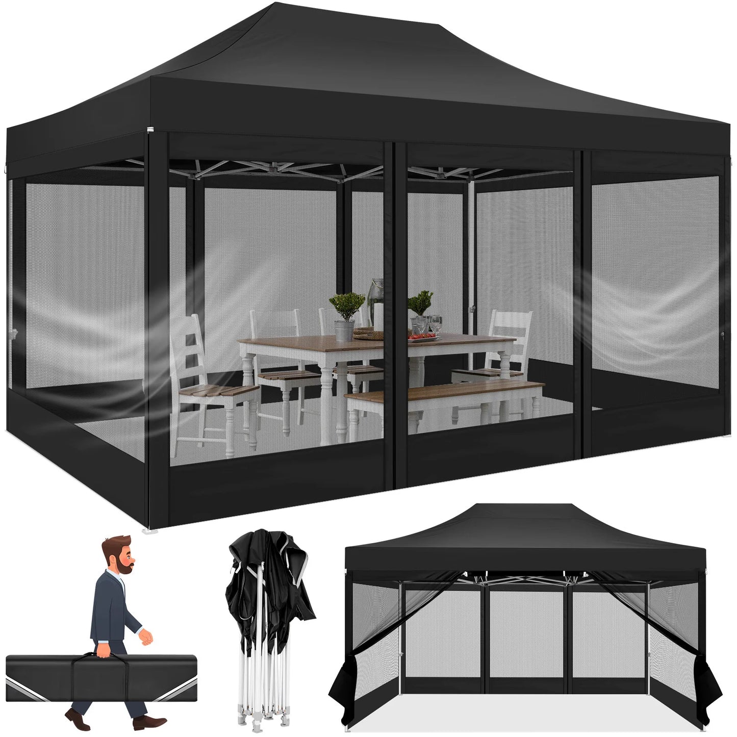 HOTEEL Pop Up Canopy Gazebo With Four Sidewalls Mosquito Netting