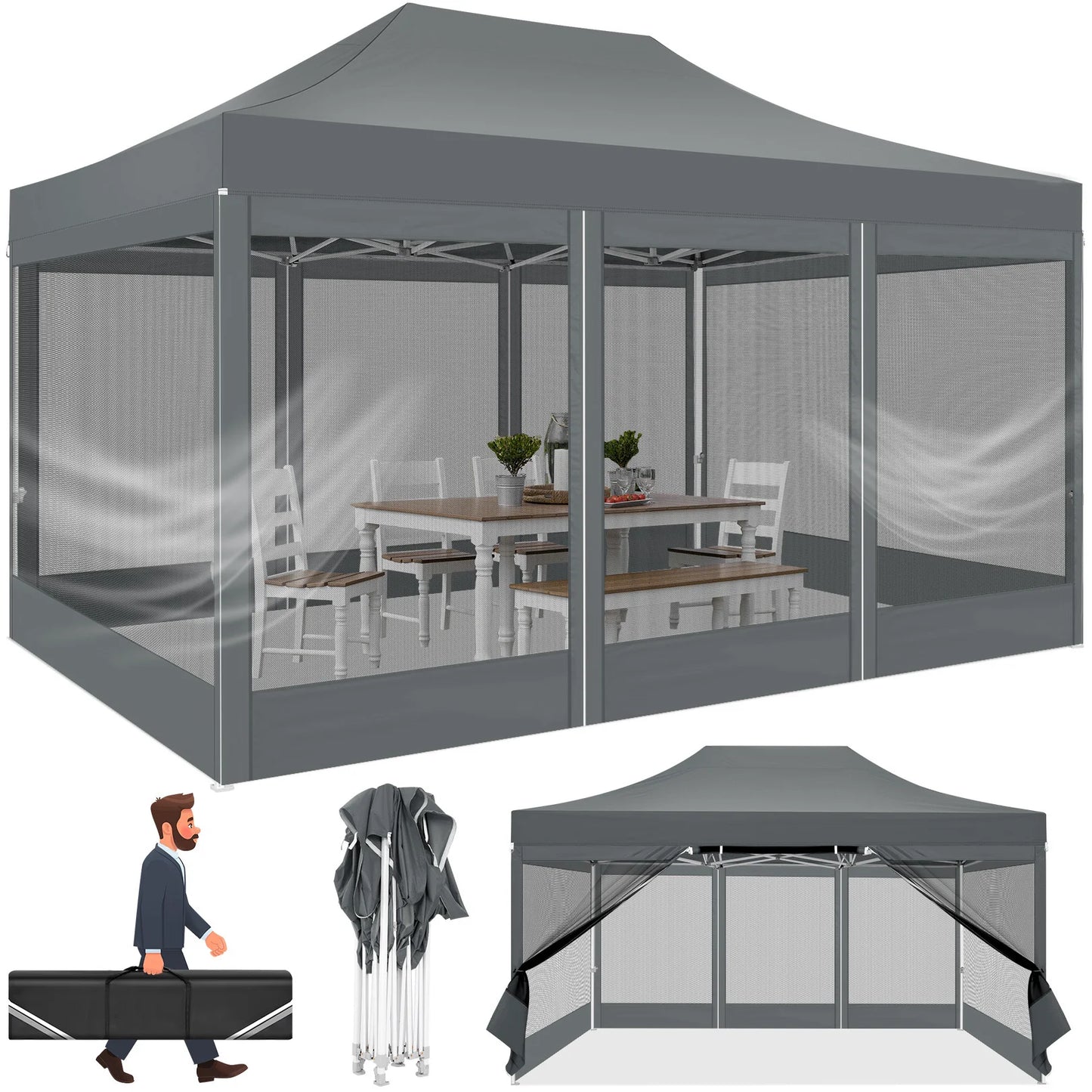 HOTEEL Pop Up Canopy Gazebo With Four Sidewalls Mosquito Netting