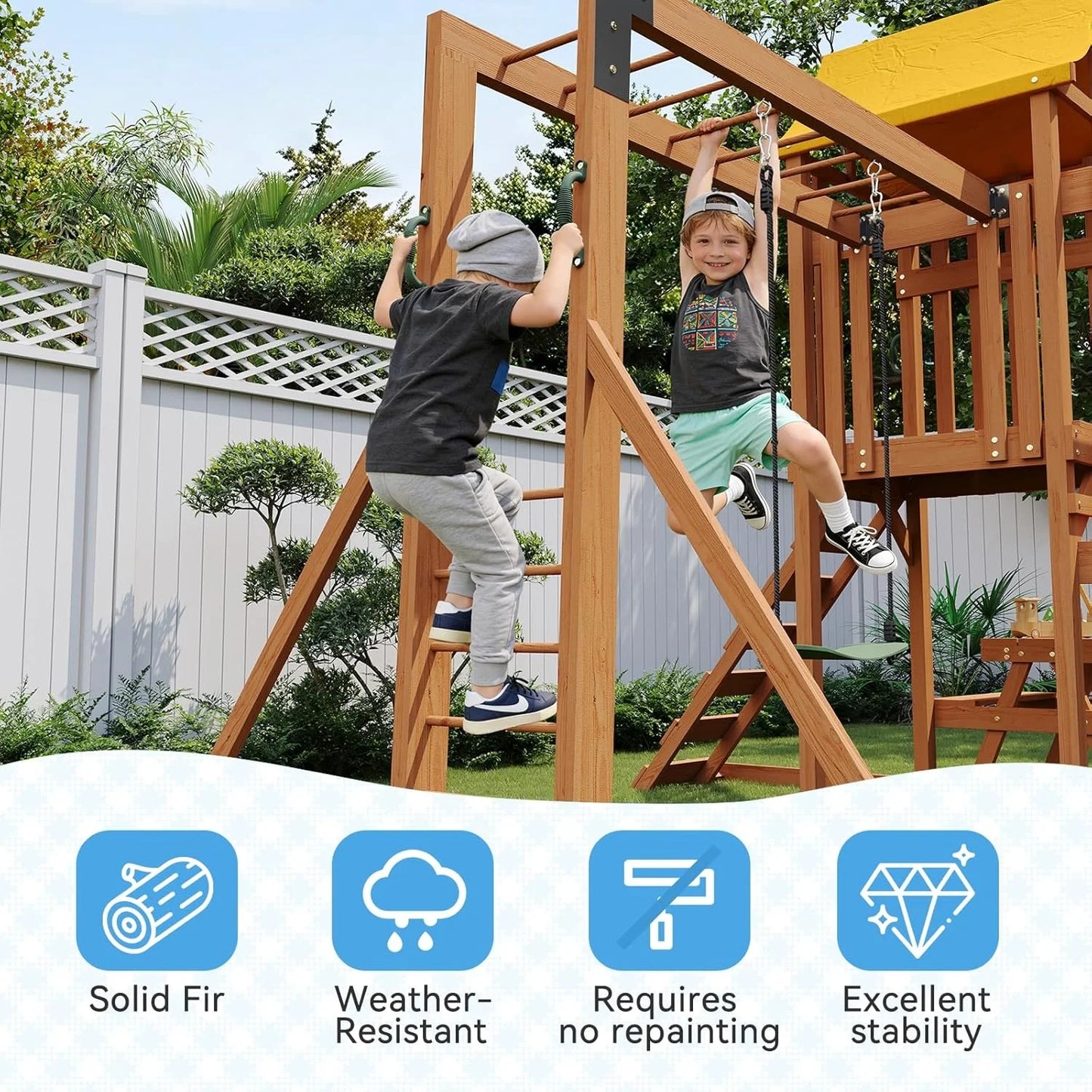 Wooden Backyard Swing Set With Wave Slide Rock Climbing Wall Chalkboard