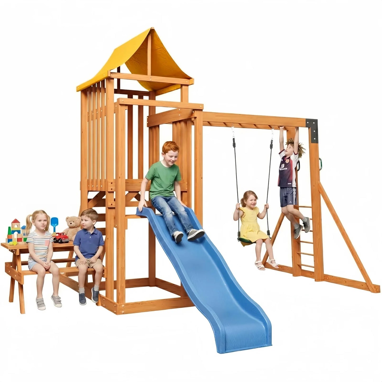 Wooden Backyard Swing Set With Wave Slide Rock Climbing Wall Chalkboard