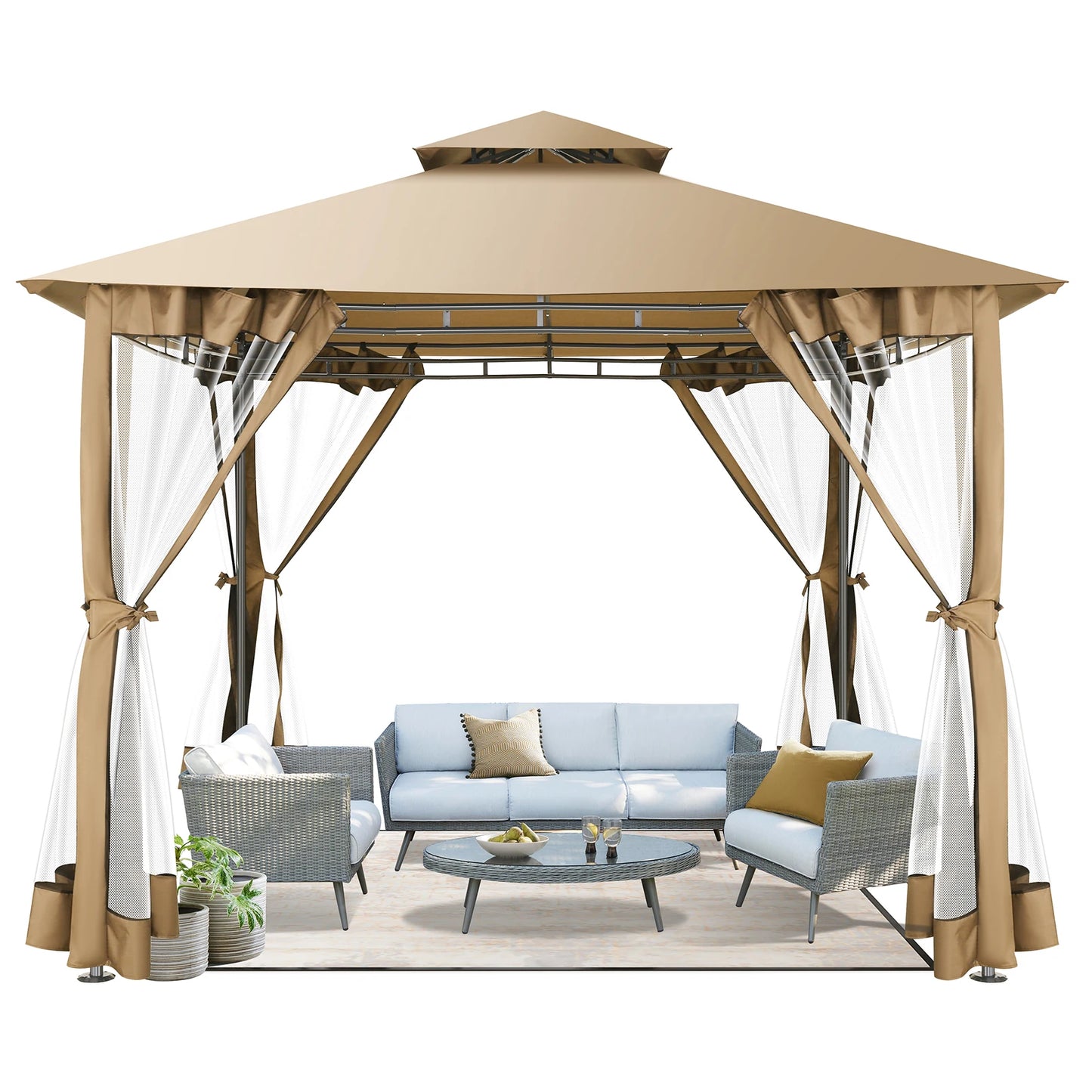 Tooluck Gazebo With Double Roof And Curtain Netting