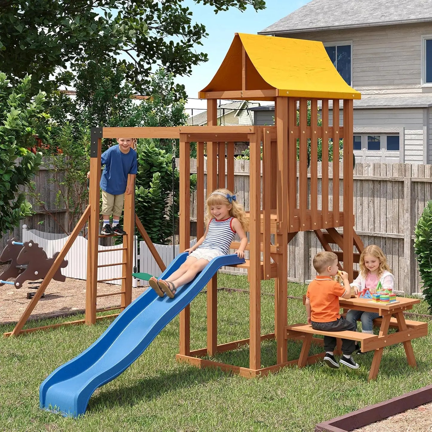 Wooden Backyard Swing Set With Wave Slide Rock Climbing Wall Chalkboard