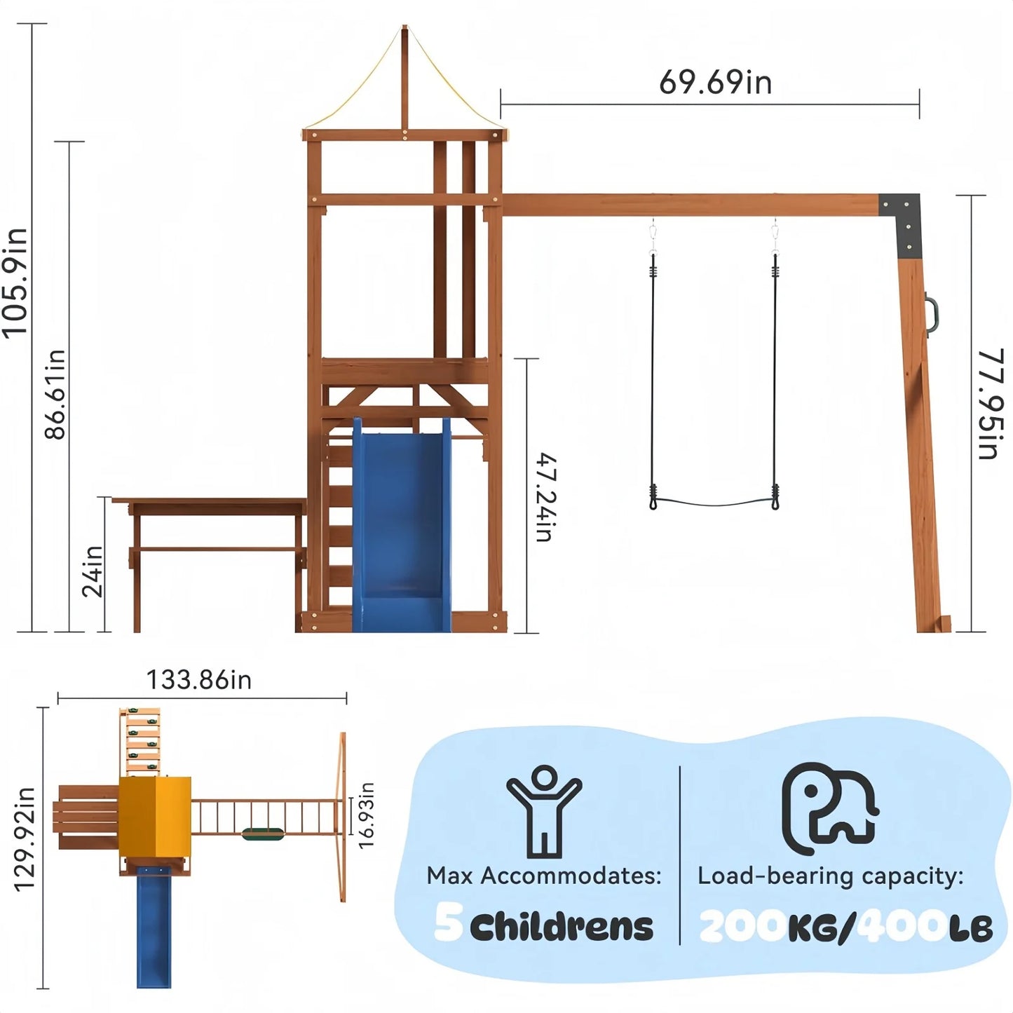 Wooden Backyard Swing Set With Wave Slide Rock Climbing Wall Chalkboard