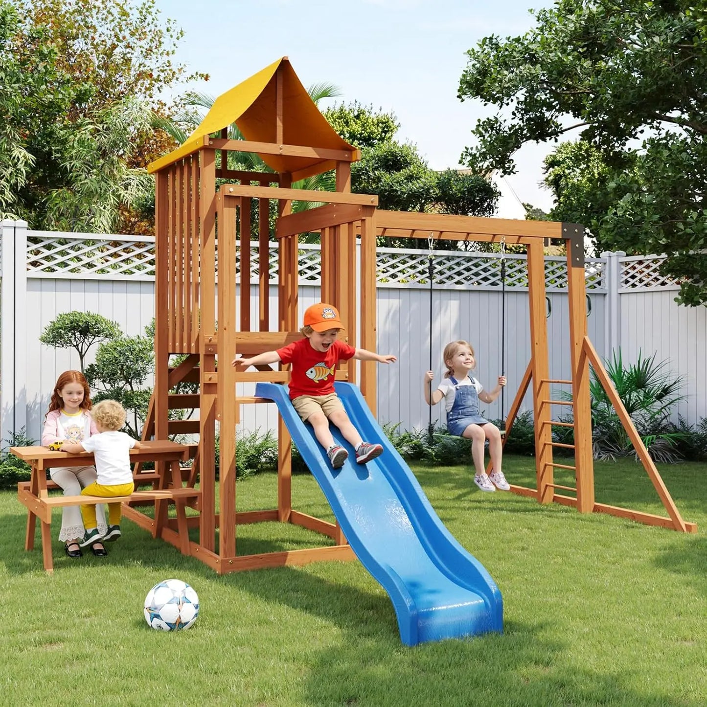 Wooden Backyard Swing Set With Wave Slide Rock Climbing Wall Chalkboard