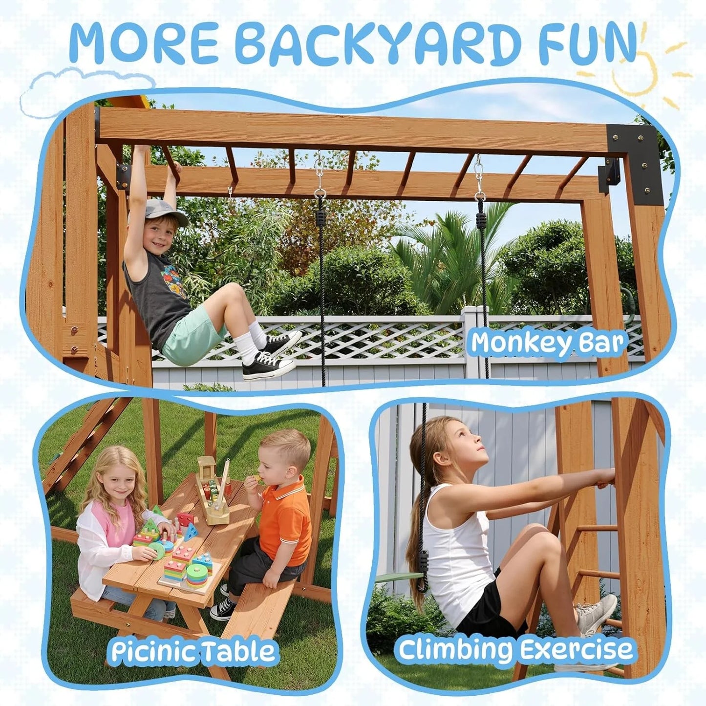 Wooden Backyard Swing Set With Wave Slide Rock Climbing Wall Chalkboard