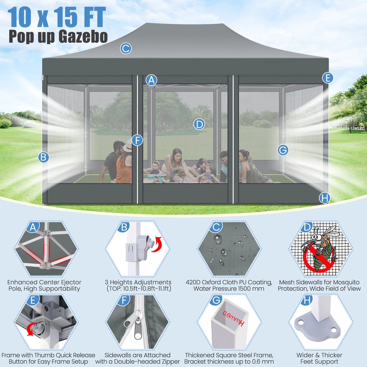 HOTEEL Pop Up Canopy Gazebo With Four Sidewalls Mosquito Netting