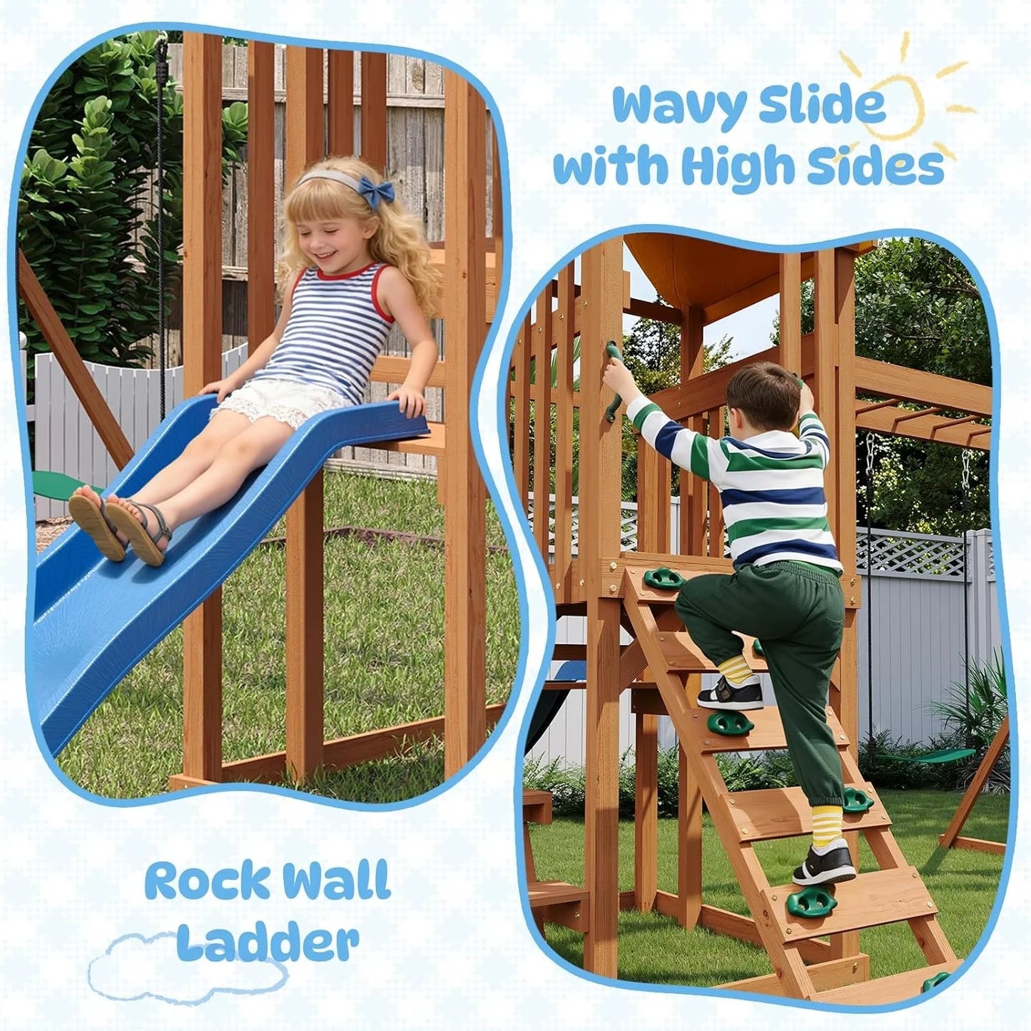 Wooden Backyard Swing Set With Wave Slide Rock Climbing Wall Chalkboard