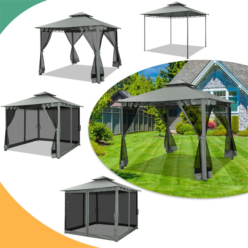 Tooluck Gazebo With Double Roof And Curtain Netting