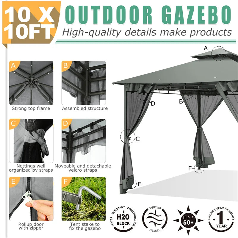 Tooluck Gazebo With Double Roof And Curtain Netting
