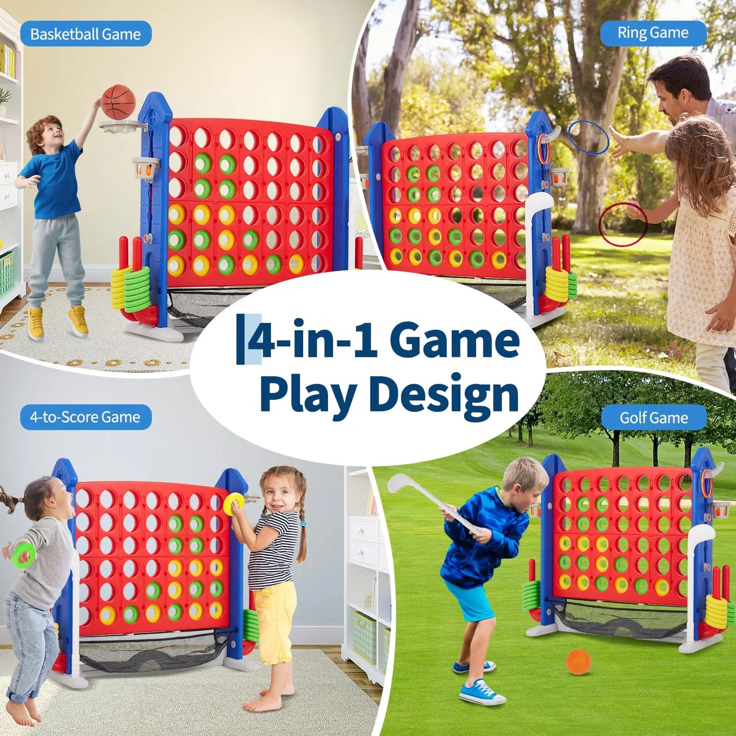 HiMISS Giant 4 In A Row Game Set 4-In-1 Jumbo Yard Game With Basketball Hoop