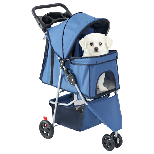 Foldable Three Wheel Pet Stroller For Small Dogs And Cats With Mesh Windows