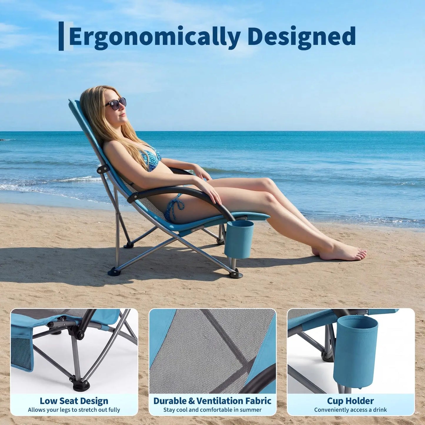 HiMISS High Back Folding Beach Chair With Cup Holder