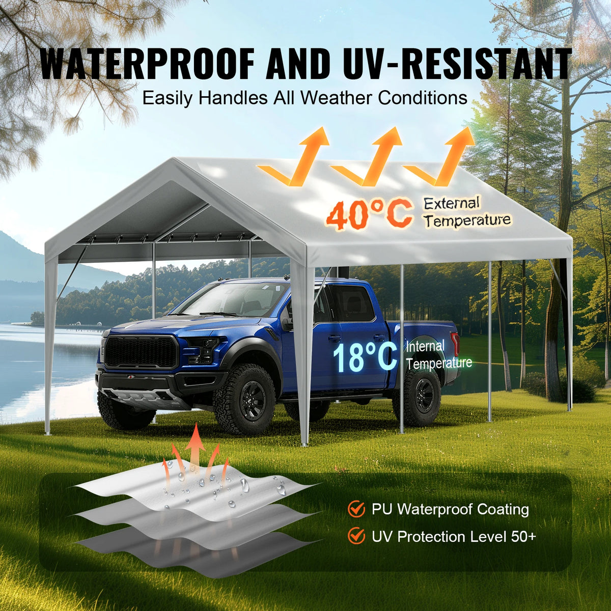 SucceBuy Heavy Duty Waterproof Carport Canopy Cover With Ball Bungees