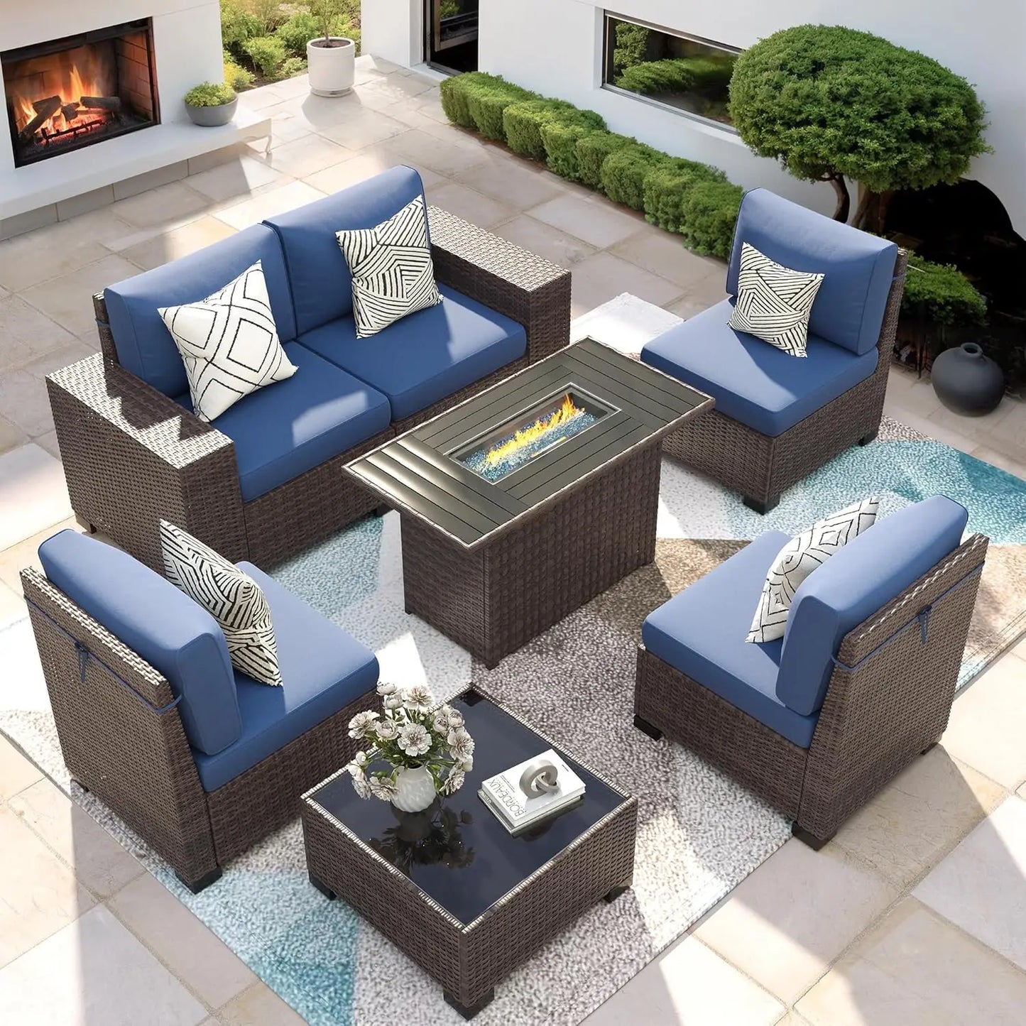XIAOLANG Patio 7Piece Outdoor Wicker Sectional Set With Fire Pit