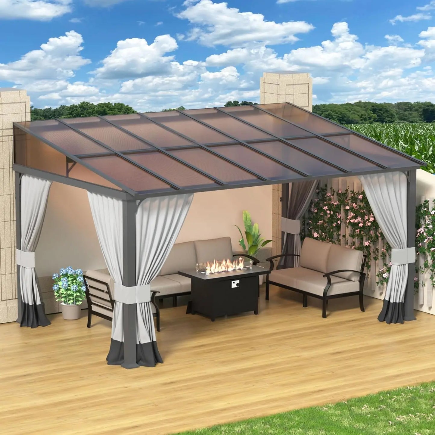 Lean To Gazebo Shelter With Curtains Outdoor Hardtop Pergola