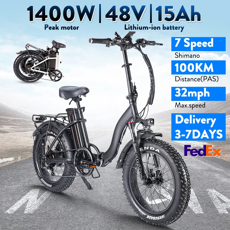 Foldable 1400W Peak Electric Fat Tire Ebike For Commuters