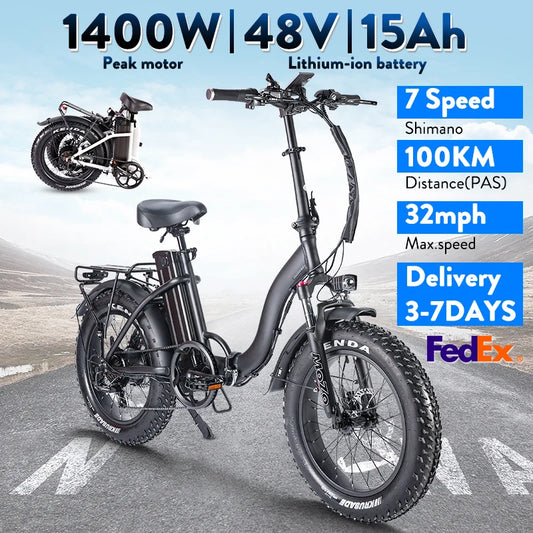 Foldable 1400W Peak Electric Fat Tire Ebike For Commuters