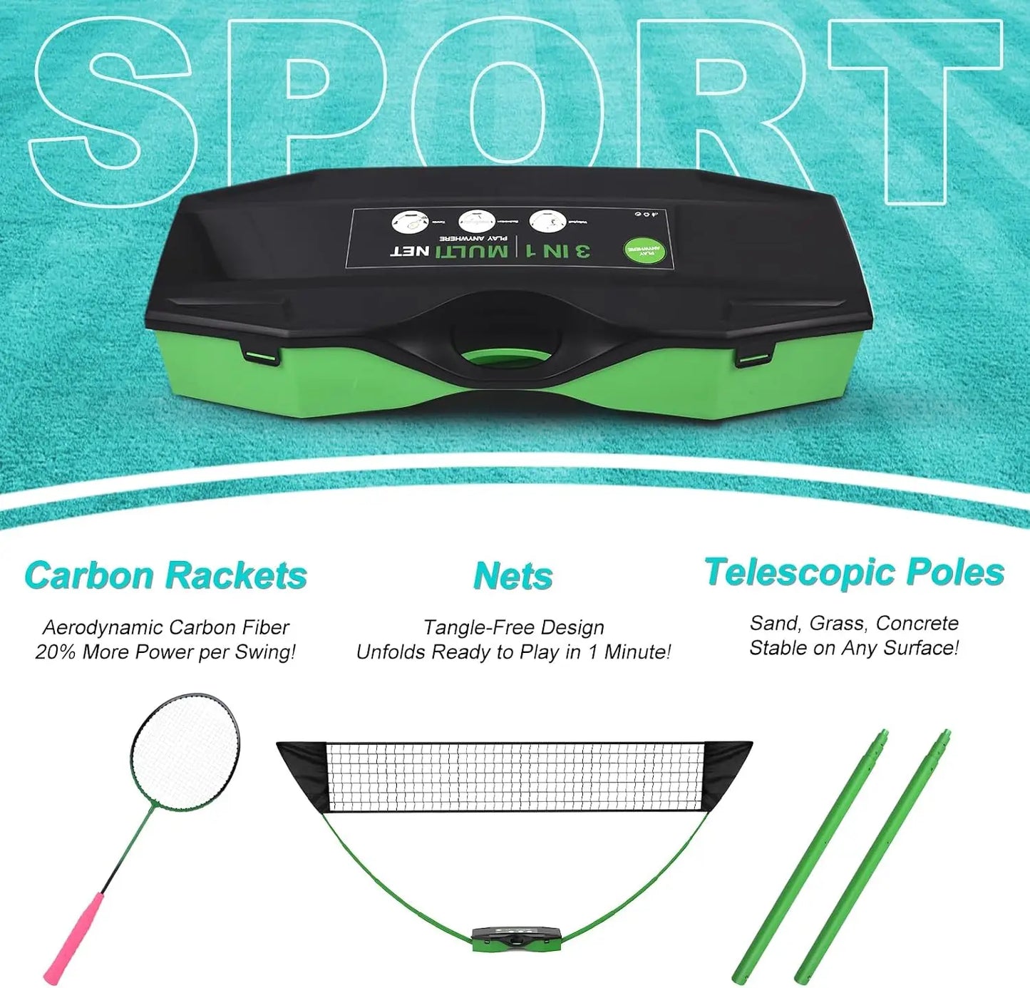 3 In 1 Outdoor Sports Set With Volleyball Badminton And Tennis Nets