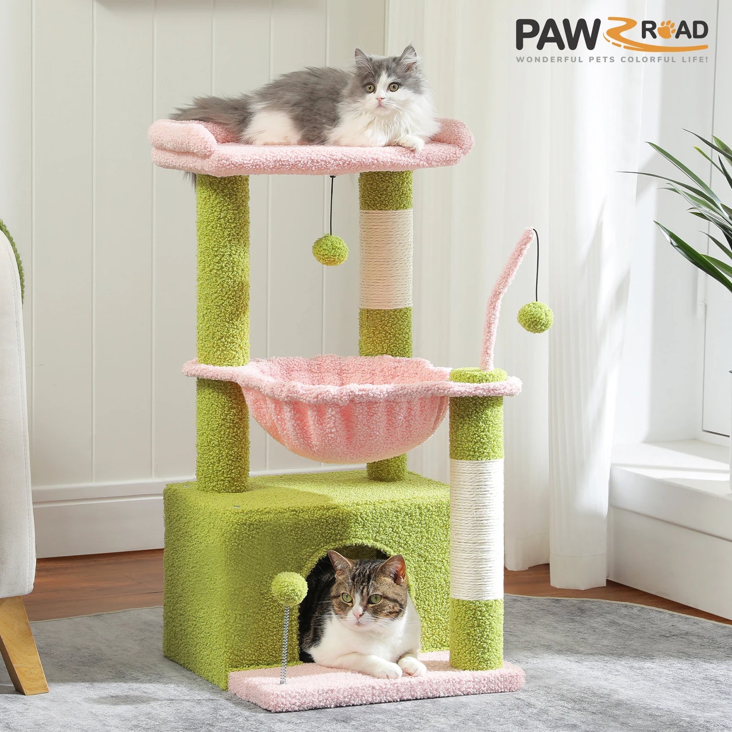 PAWZ Road 4-in-1 Cat Tree With Condo, Scratching Post, Hammock