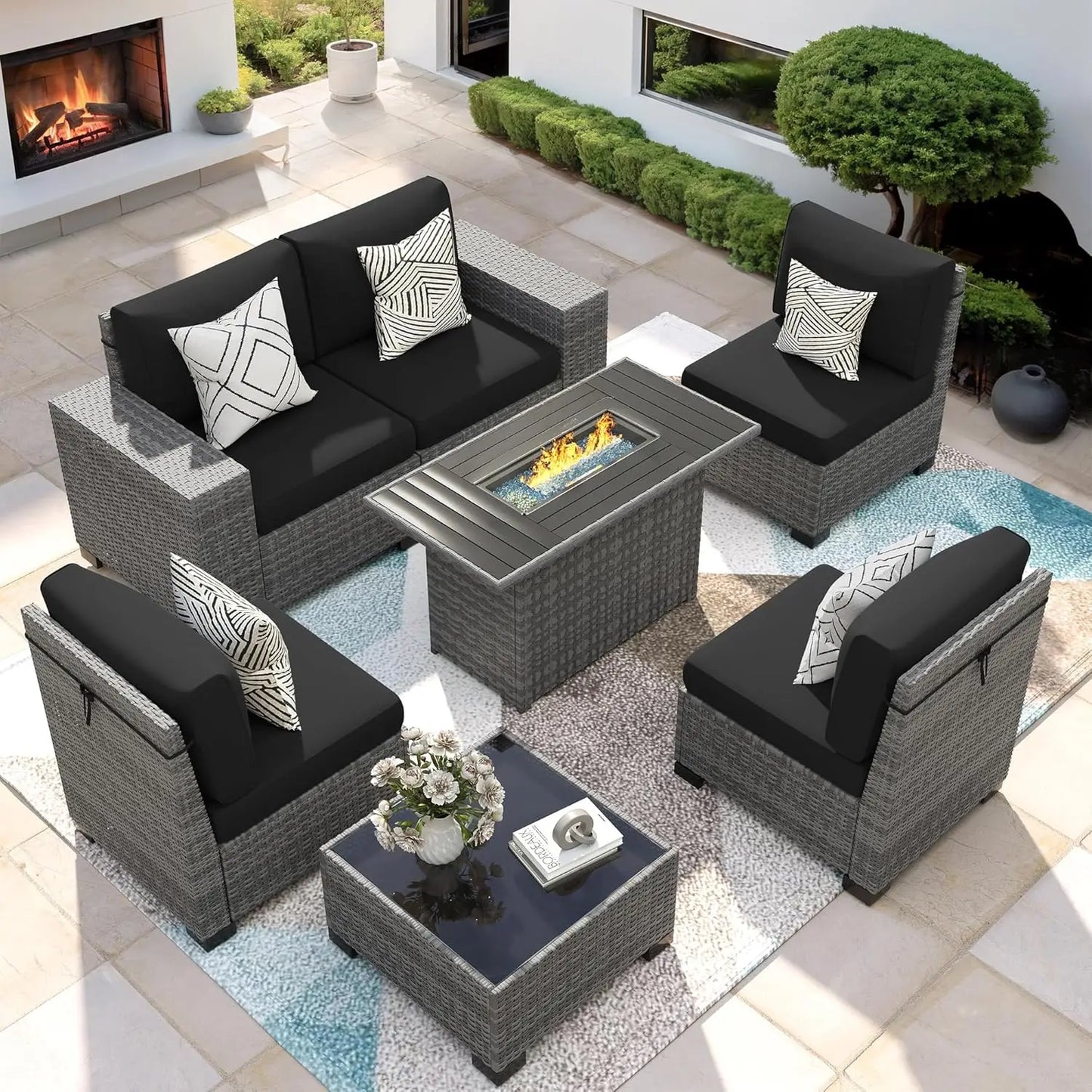 XIAOLANG Patio 7Piece Outdoor Wicker Sectional Set With Fire Pit