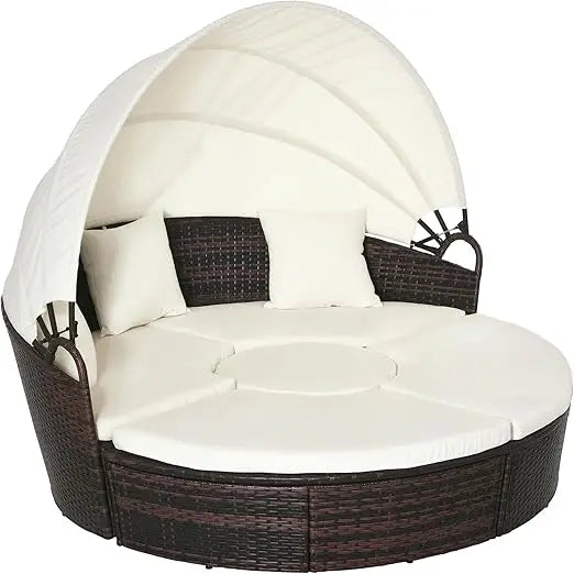Round Convertible Outdoor Daybed Set With Canopy And Cushions