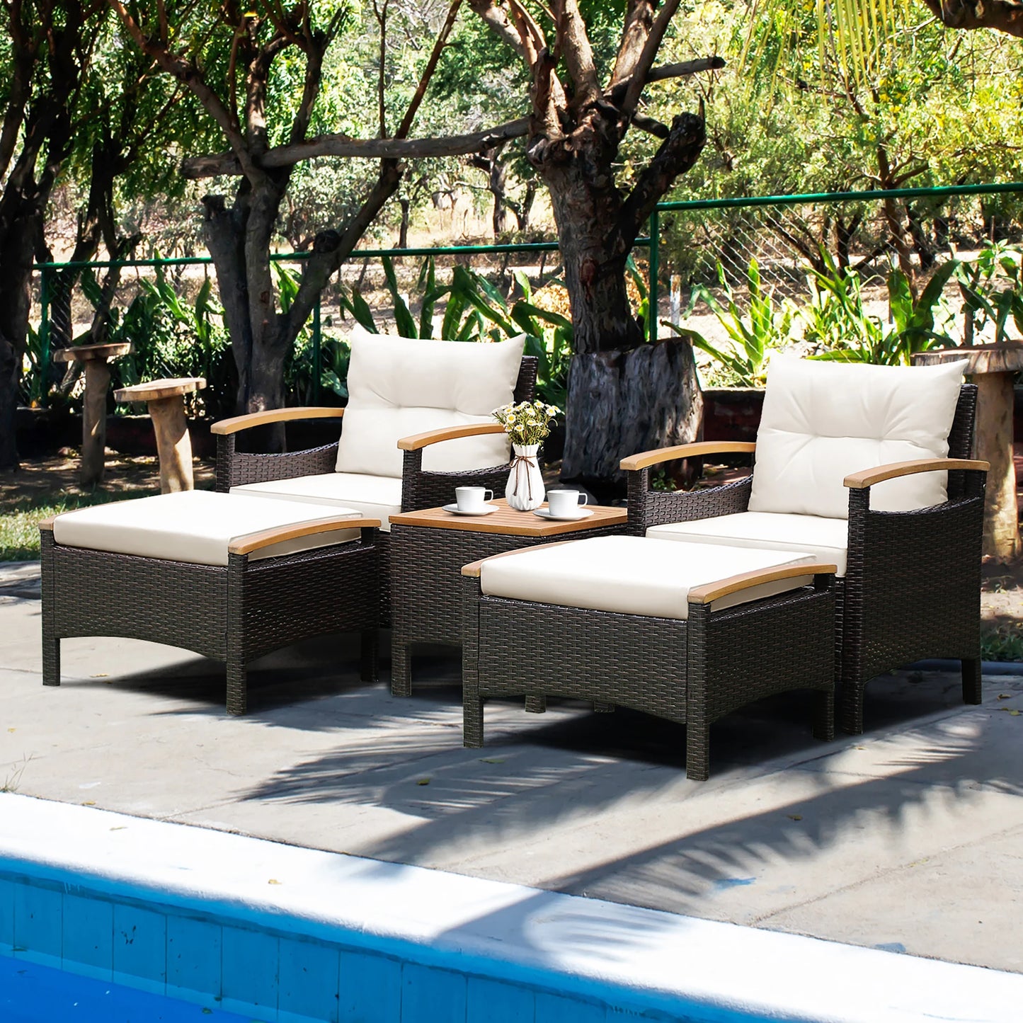 HOMASIS Patio Rattan Furniture Set Cushioned Sofas And Wood Table