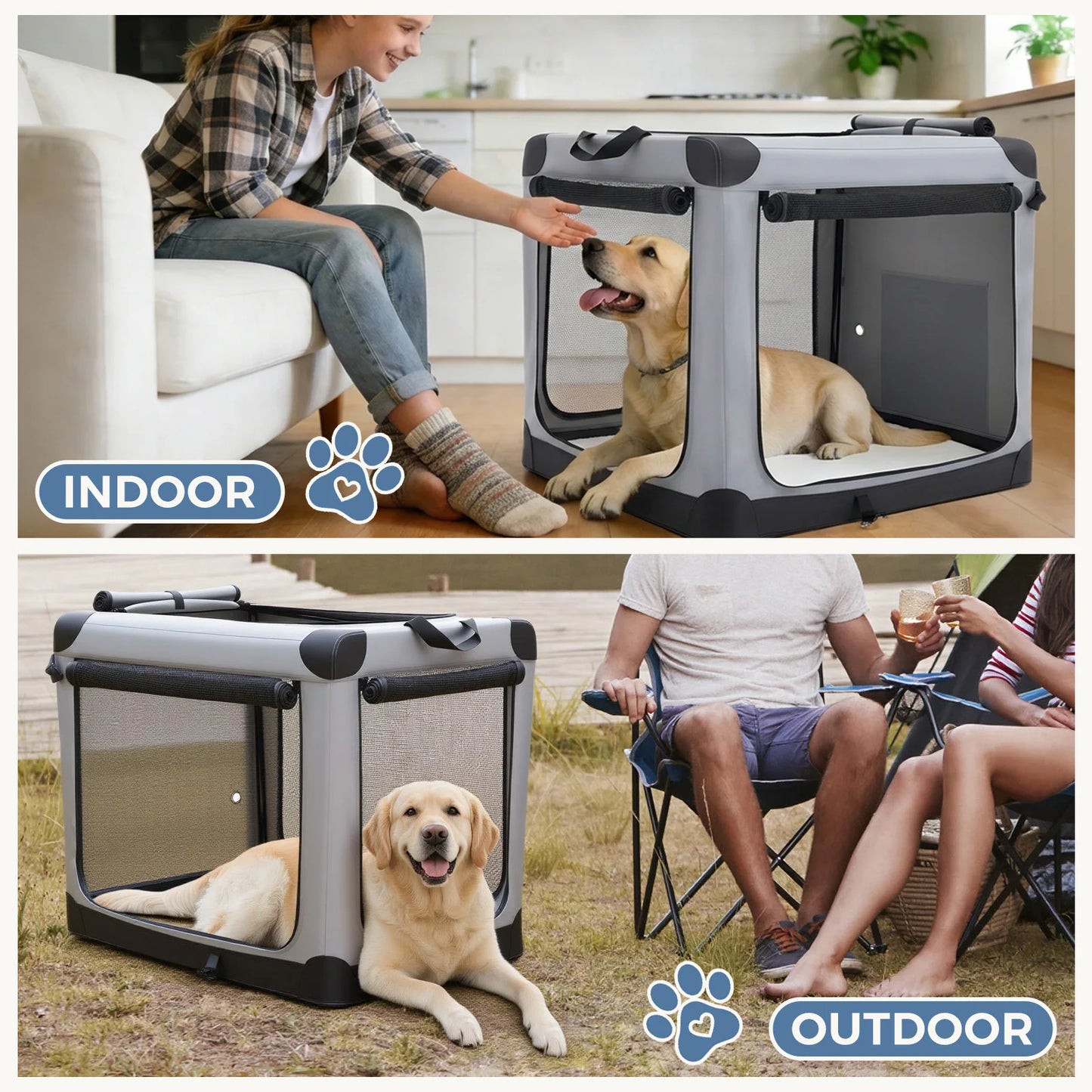 JHK Oxford Foldable Dog Crate With 3 Doors Portable Kennel Indoor