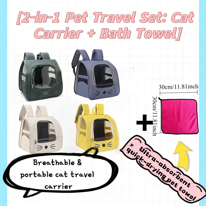 Two Piece Pet Backpack And Towel Set For Small Pets Carrier With Mesh Window