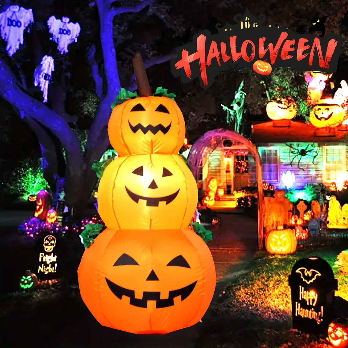 LED Halloween Inflatable Stacked Pumpkins With Lights For Outdoor Decor
