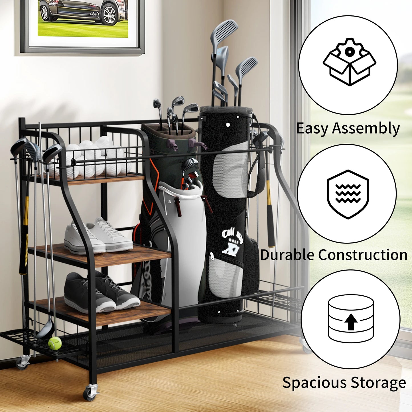 Rolling Golf Bags Storage Rack With Wheels 3 Tier Organizer