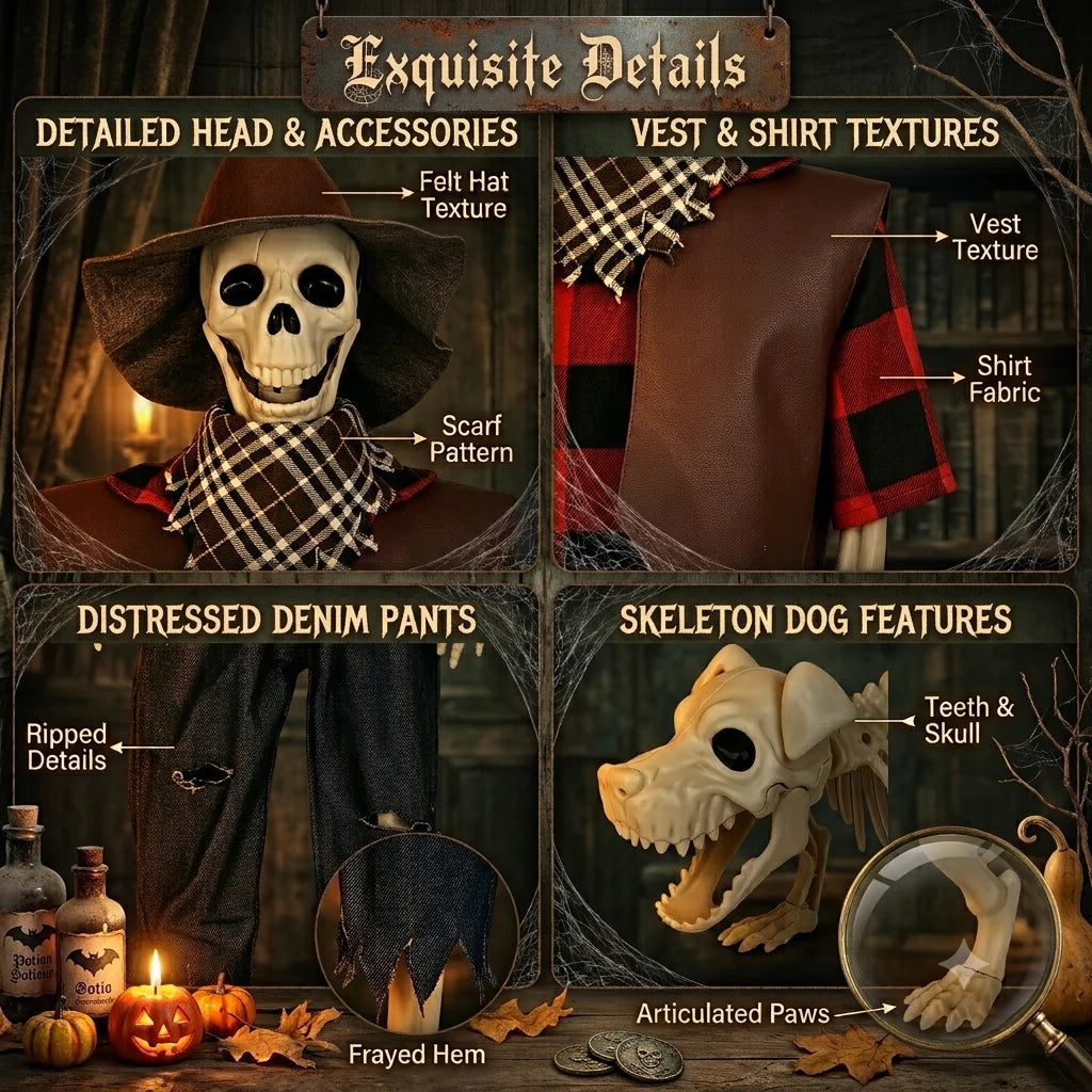 Posable Cowboy Skeleton and Dog Halloween Yard Decorations