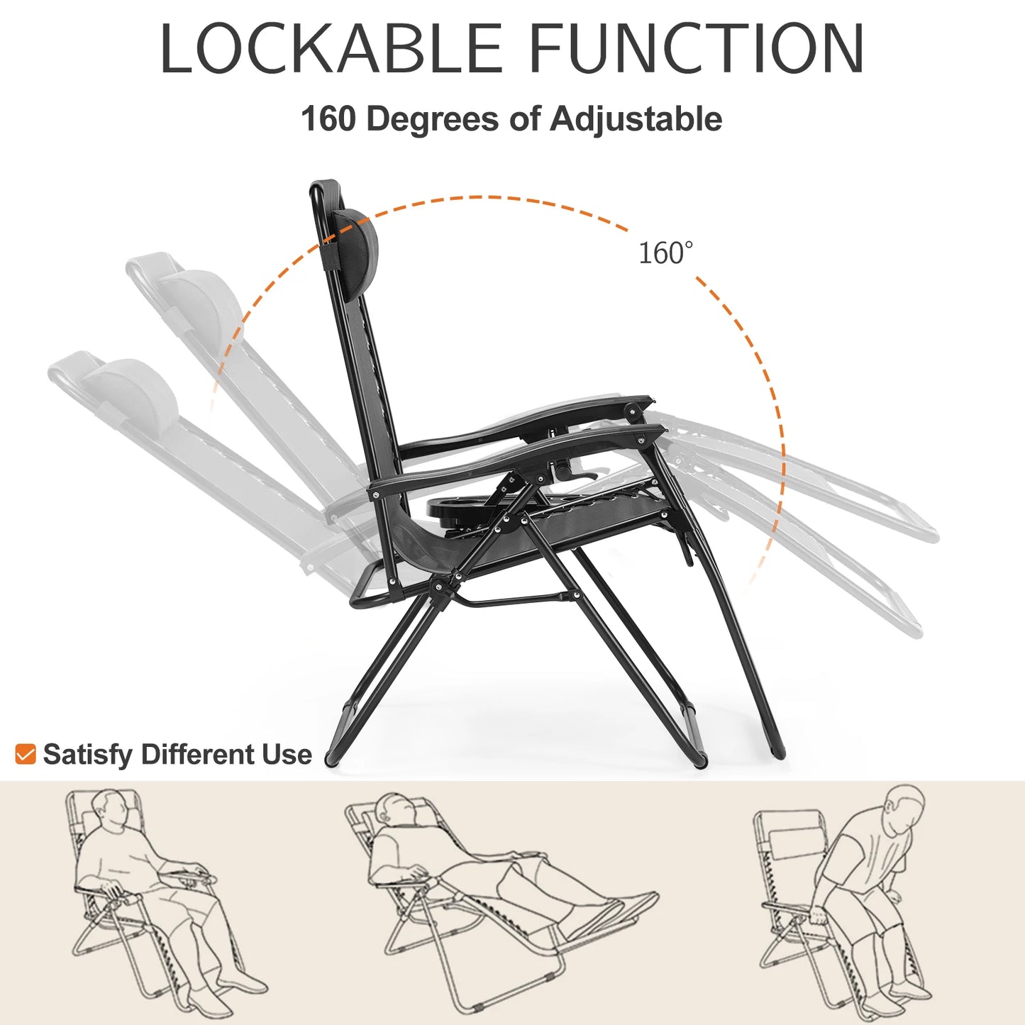 JHK Zero Gravity Portable Recliner With Cup Holder Trays