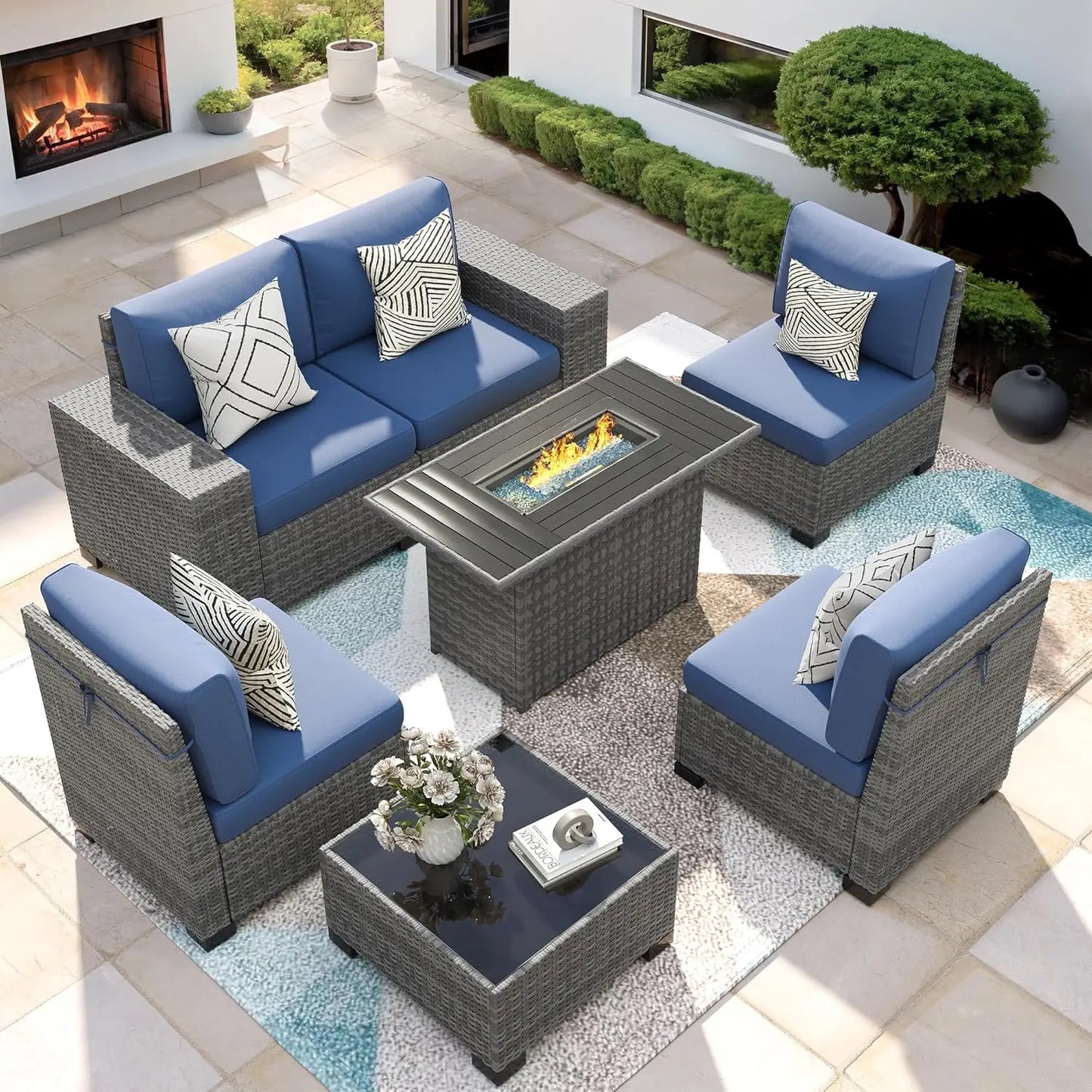 XIAOLANG Patio 7Piece Outdoor Wicker Sectional Set With Fire Pit