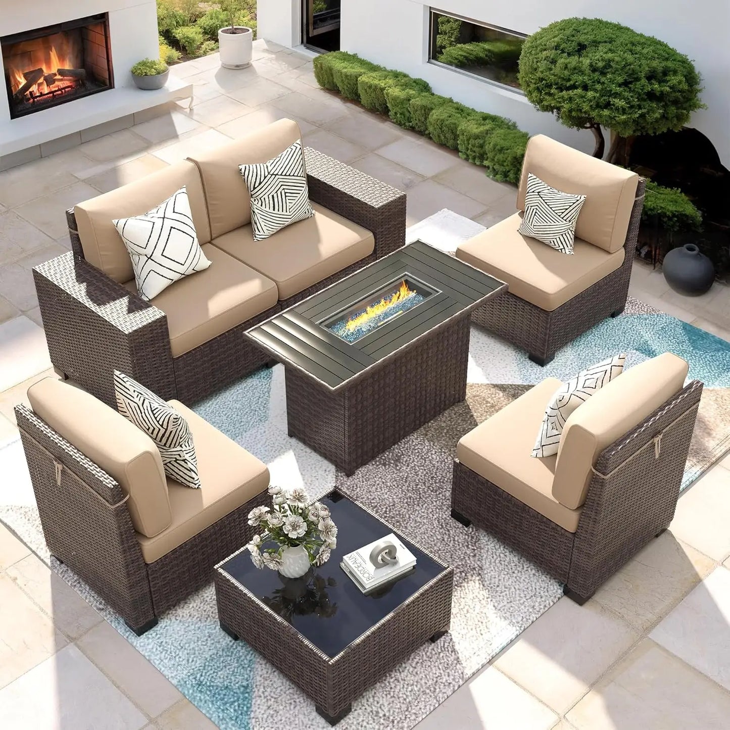 XIAOLANG Patio 7Piece Outdoor Wicker Sectional Set With Fire Pit