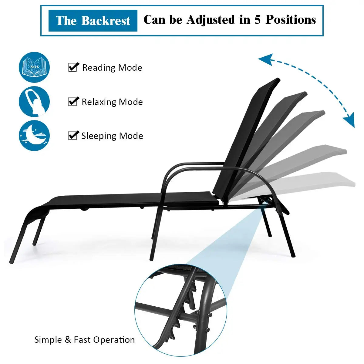 Adjustable Backrest Patio Outdoor Lounge Chairs 2Pack With Reclining Frame