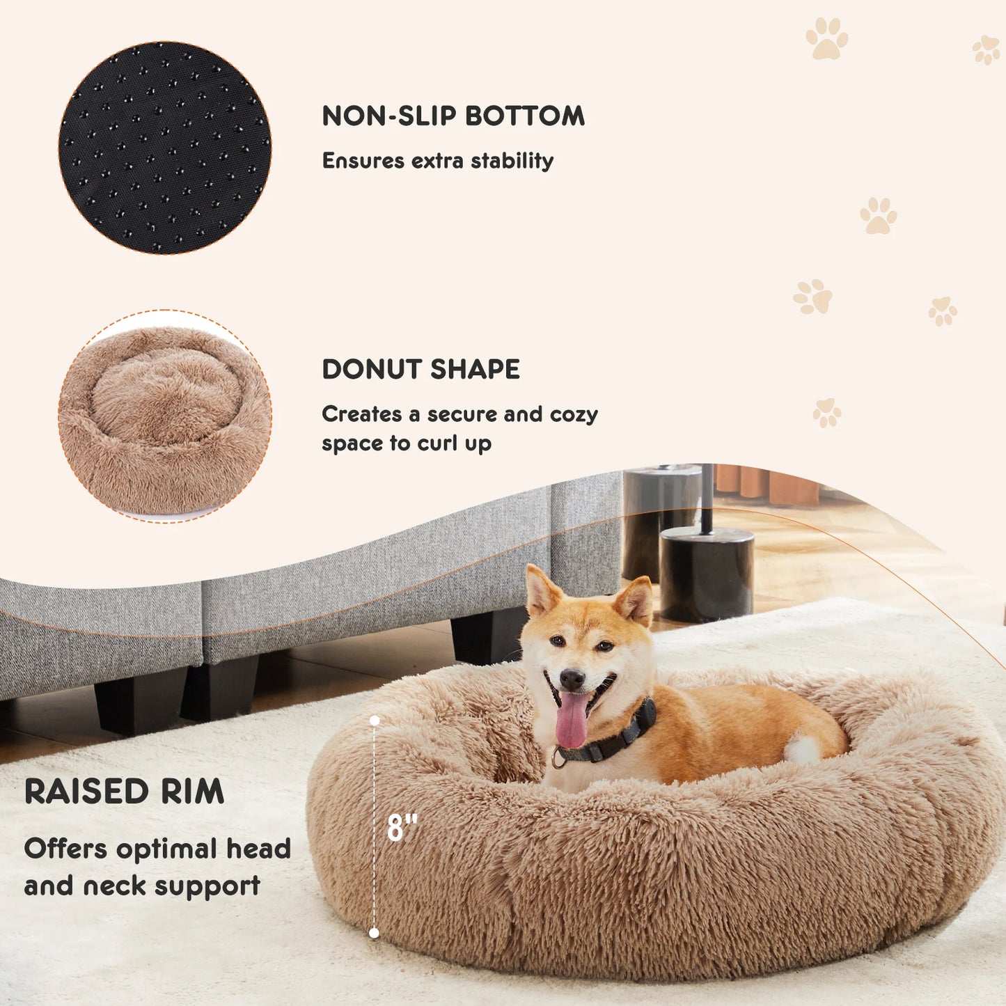 JHK Calming Dog Bed Washable Plush Faux Fur Anti Slip Pet Bed