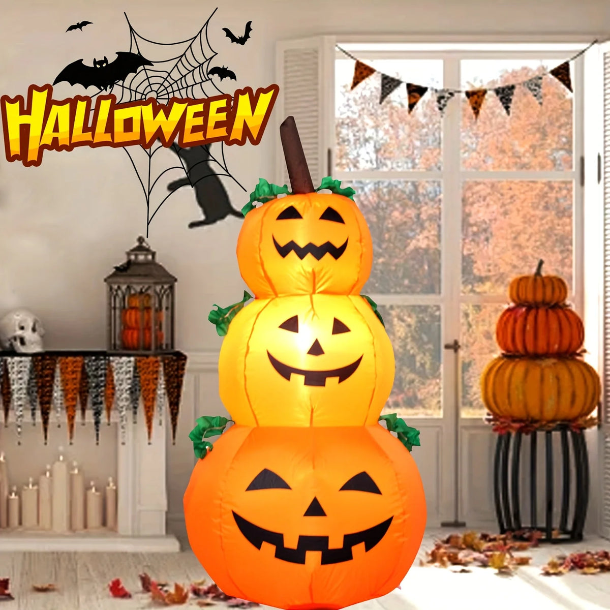 LED Halloween Inflatable Stacked Pumpkins With Lights For Outdoor Decor