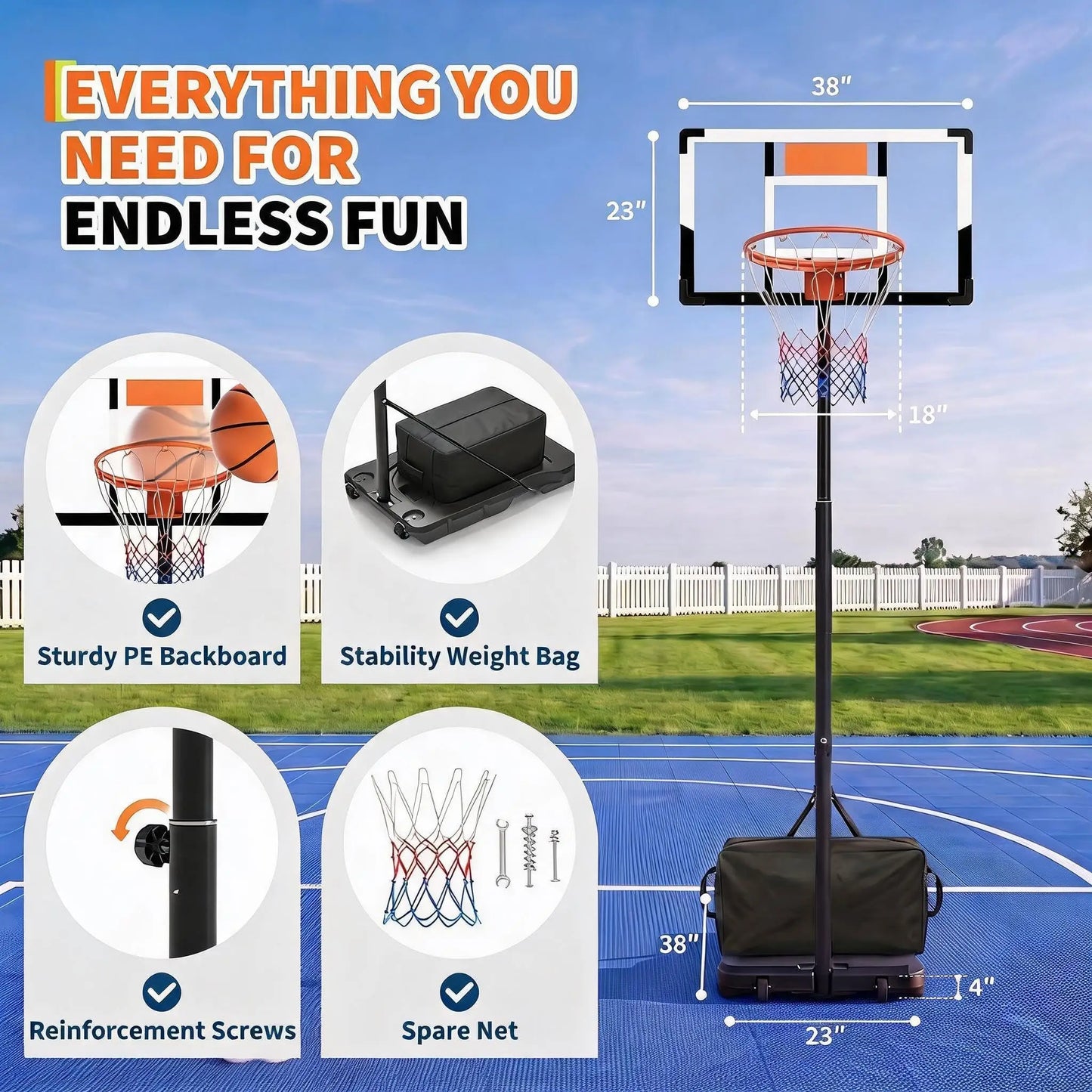 Portable Adjustable Basketball Hoop For Indoor Outdoor Play With Backboard
