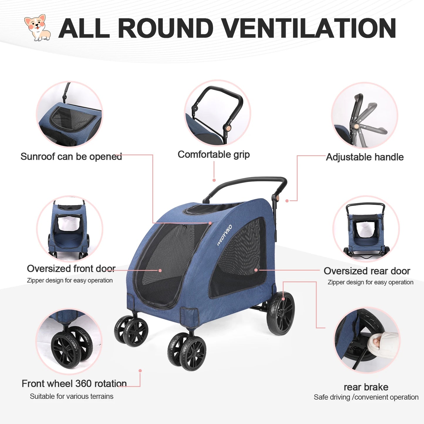 Heavy Duty Dog Stroller For Large Dogs Foldable 360 Wheels