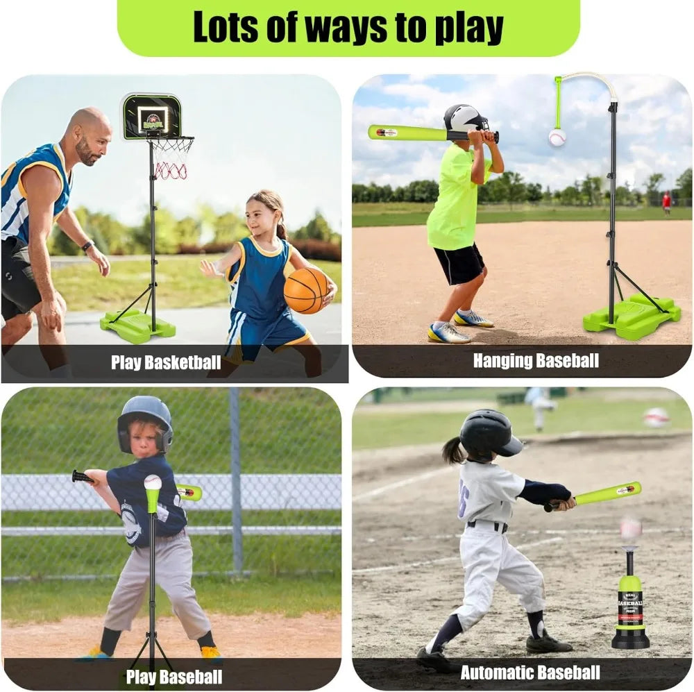 4 In 1 Kids Basketball Hoop T Ball Set With LED Scoreboard For 3 To 12 Year Olds