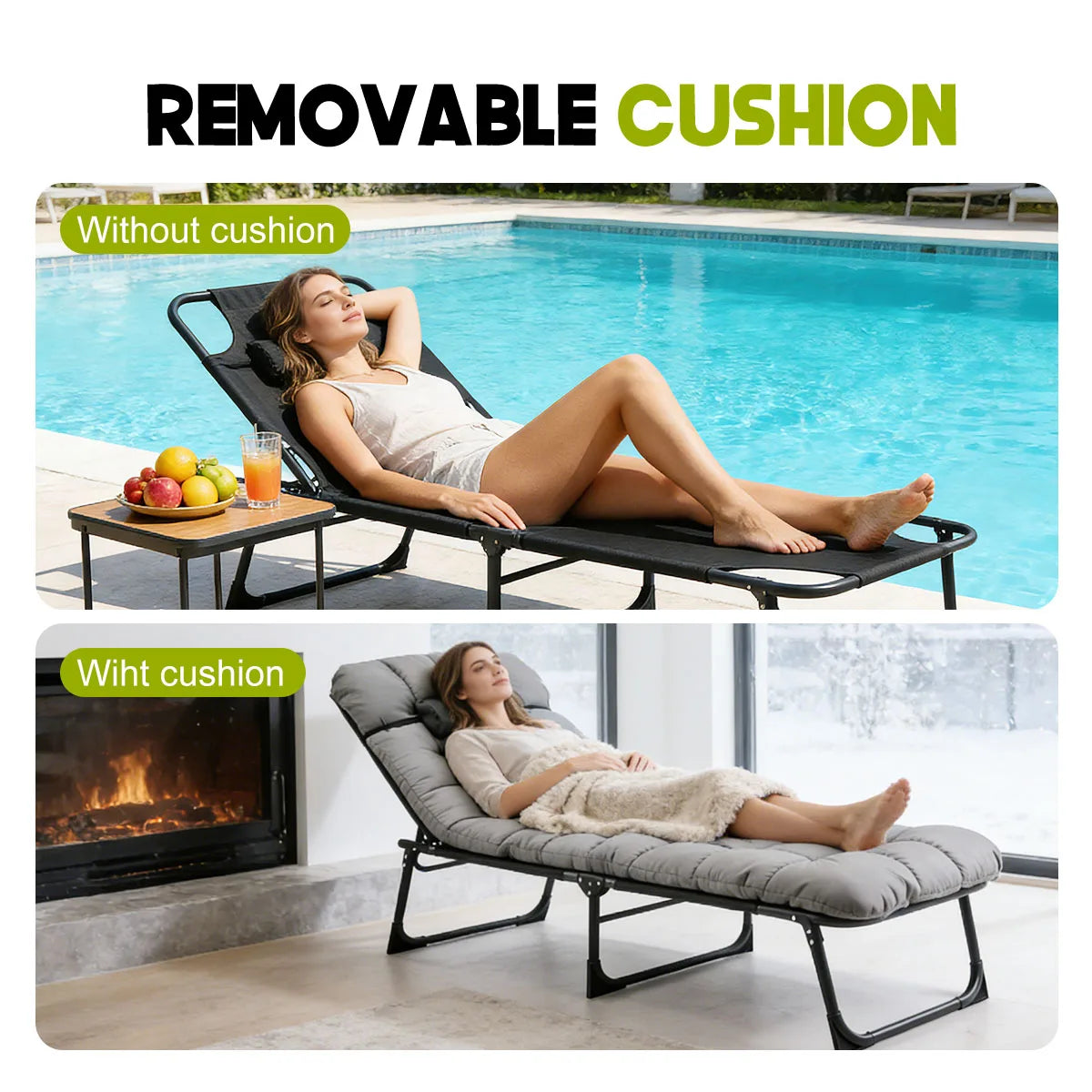 Adjustable Folding Lounge Chair With Removable Cushion For Outdoor Relaxation