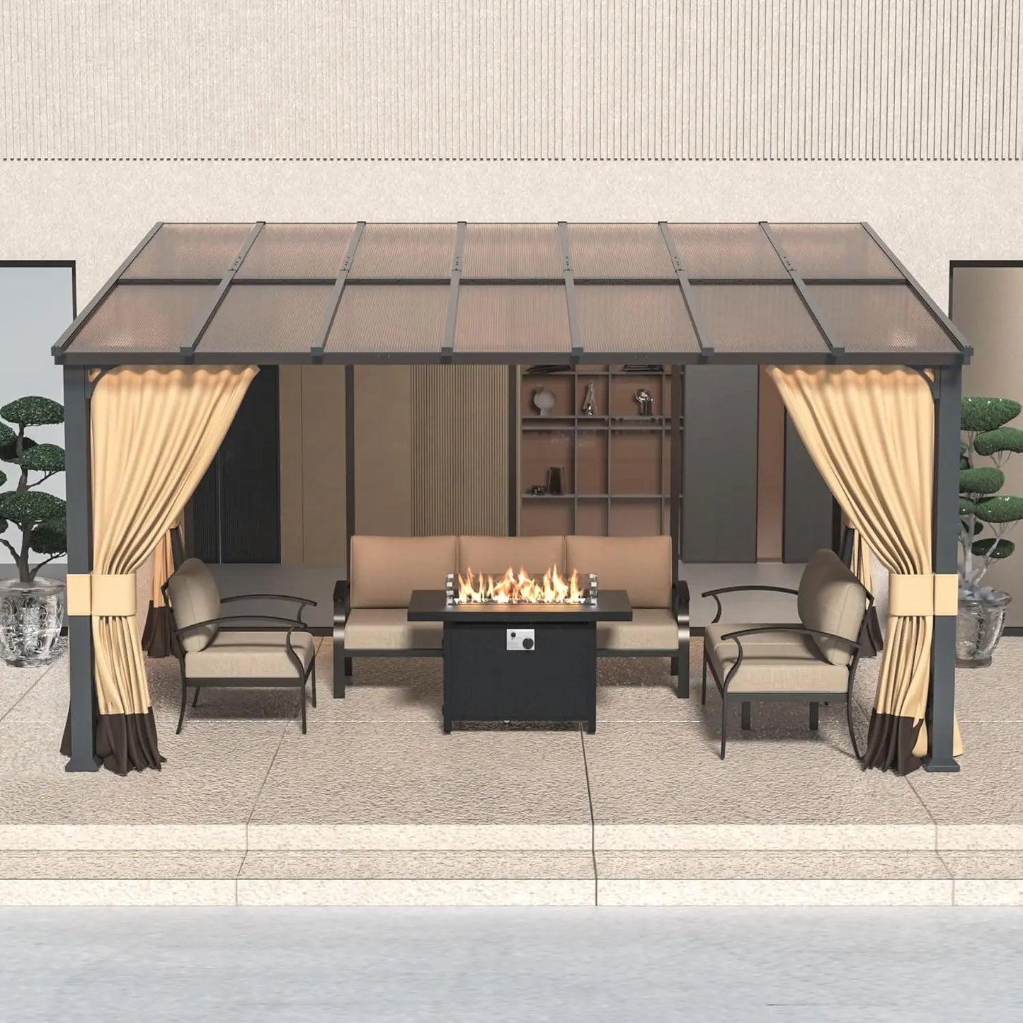 Lean To Gazebo Shelter With Curtains Outdoor Hardtop Pergola