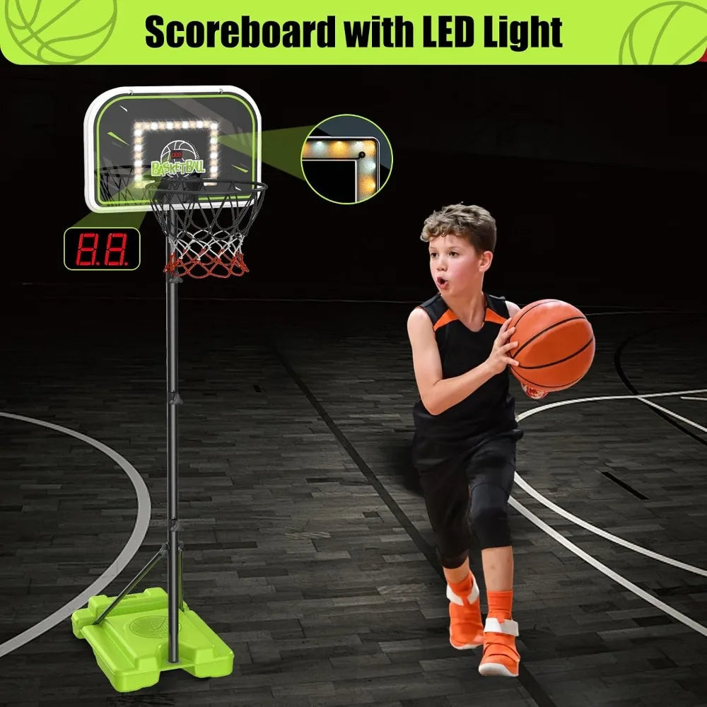 4 In 1 Kids Basketball Hoop T Ball Set With LED Scoreboard For 3 To 12 Year Olds